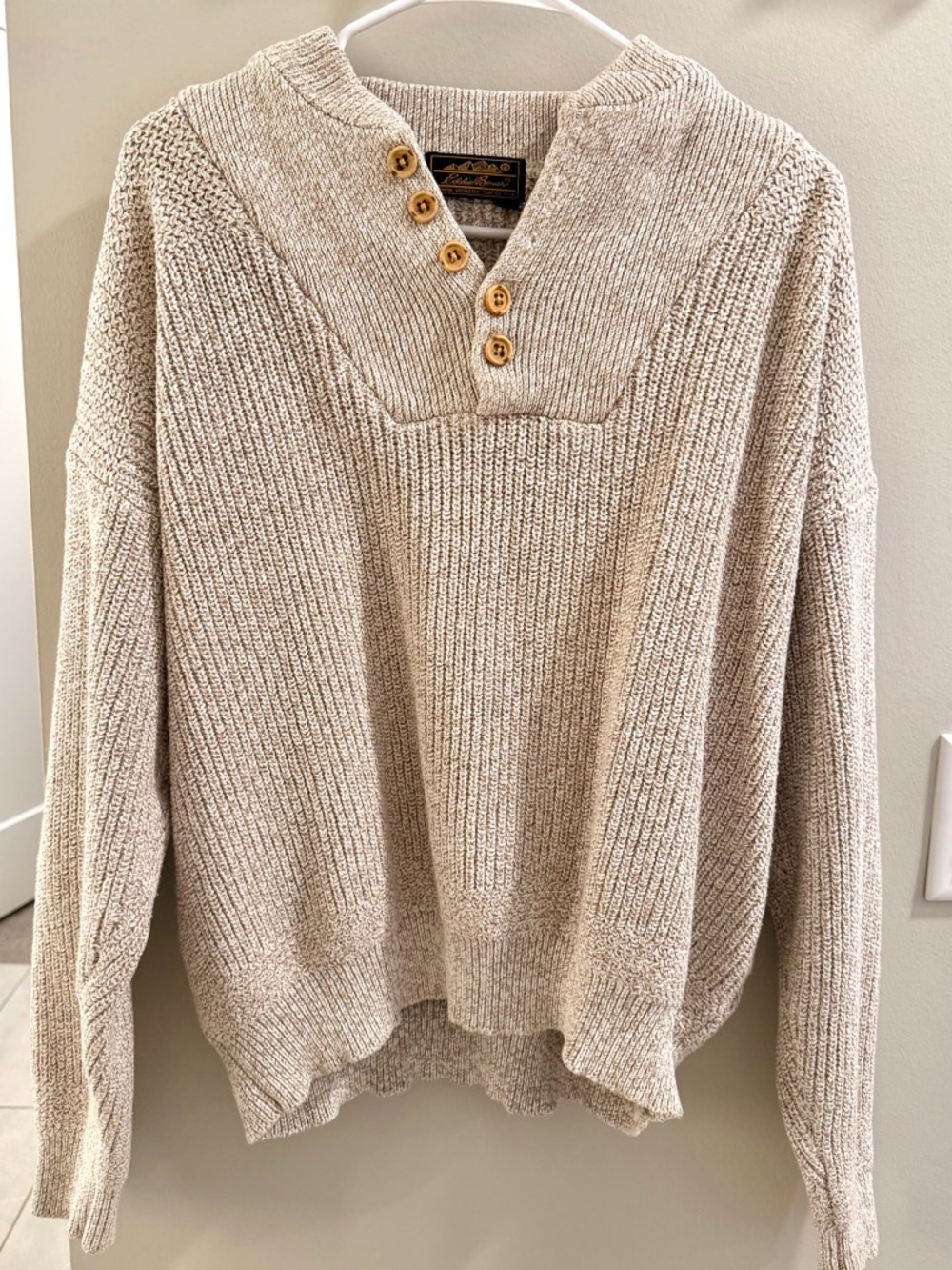 Eddie Bauer Beige Knit Henley Sweater with Wood Buttons